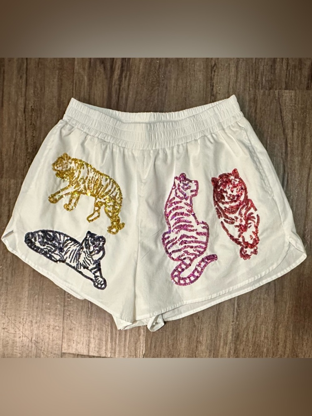Queen of Sparkles Sequin Tiger Shorts in White. Like New. Size M